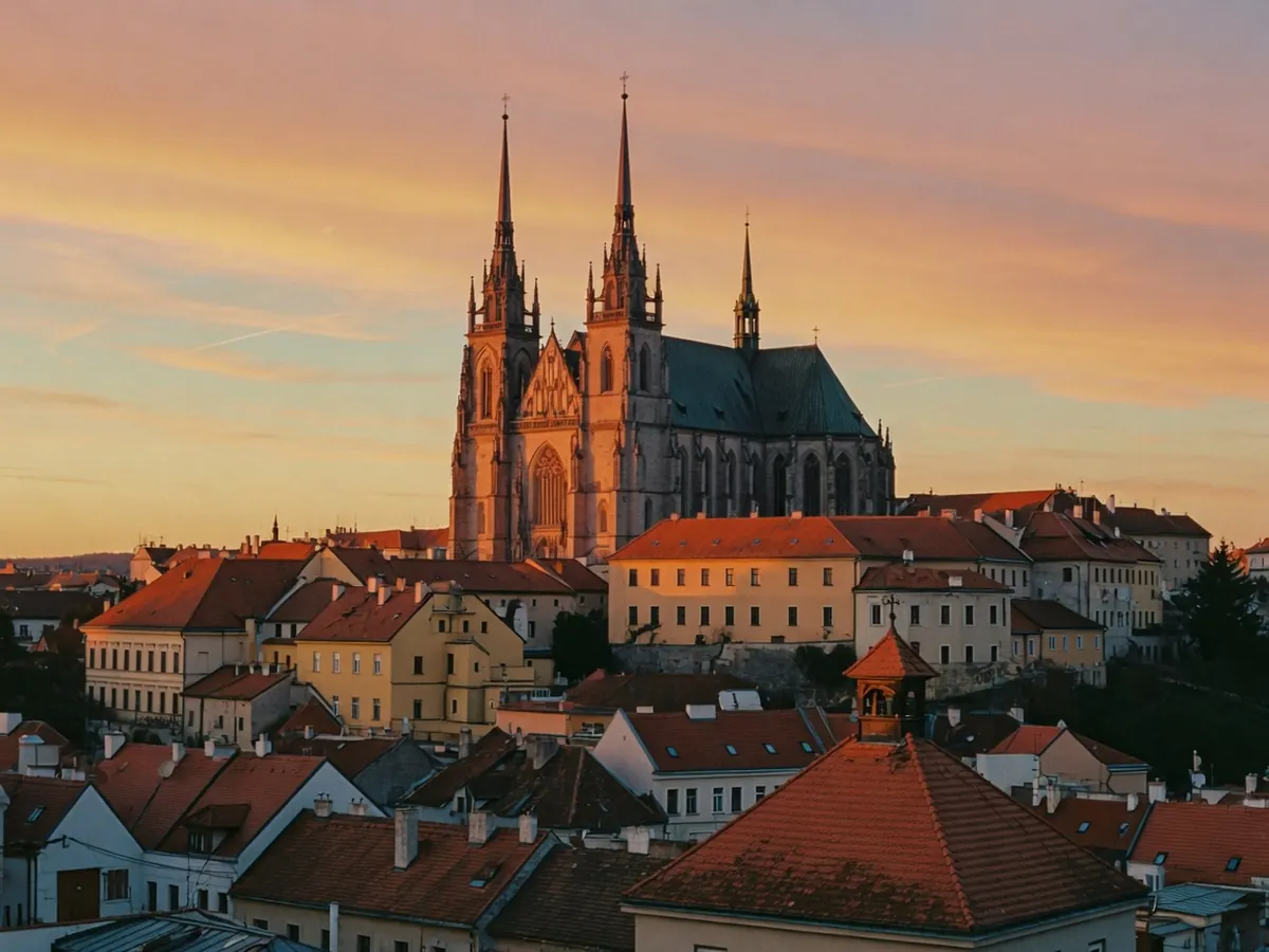 Die Kathedrale auf dem Petrov über Brünn im goldenen Abendlicht