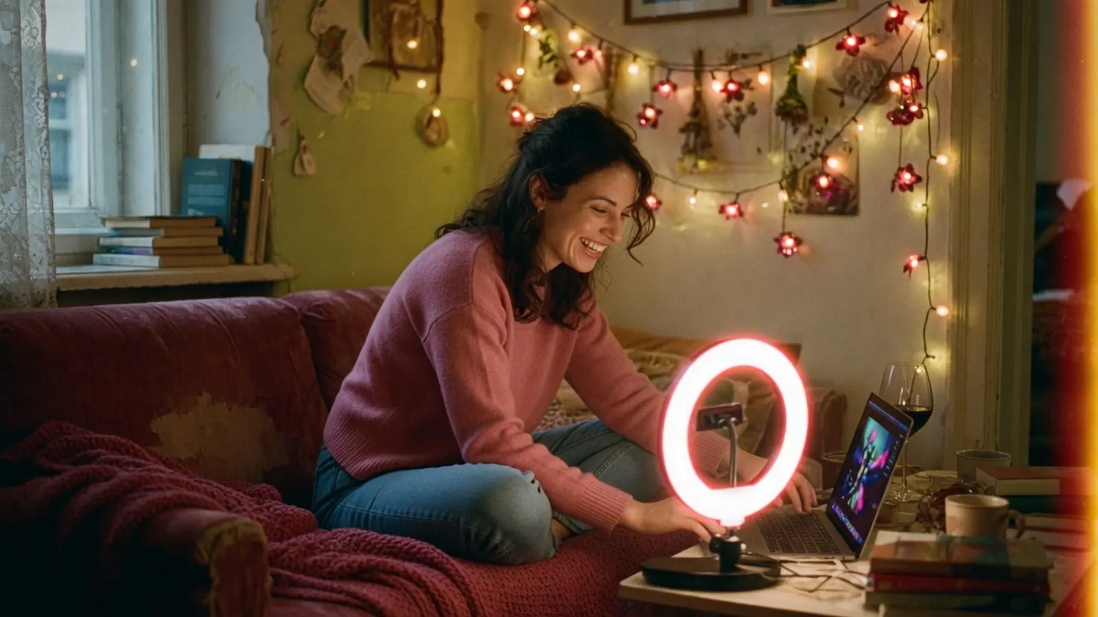 A woman in a cosy Prague flat smiling at her laptop, ring light beside her