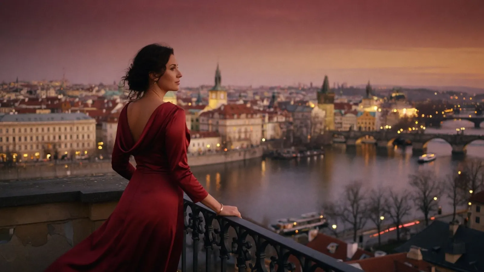 Eine Frau im roten Abendkleid auf einem Balkon über Prag in der Dämmerung