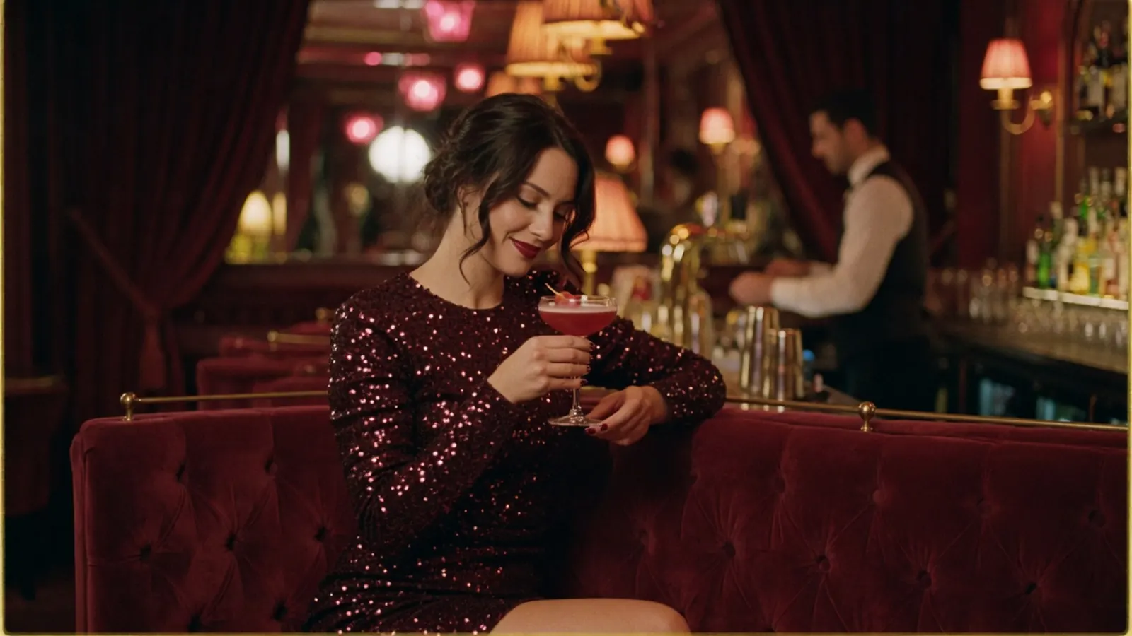 Eine Frau im Paillettenkleid mit einem Cocktail in einer Lounge-Bar mit rotem Samt
