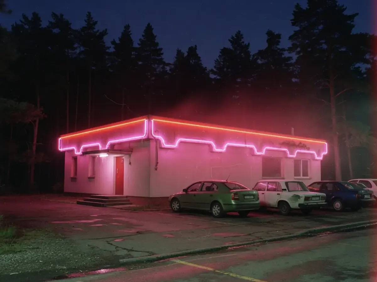 Illustration: ein Club mit pinkem Neonlicht an einer Landstraße in Tschechien bei Nacht