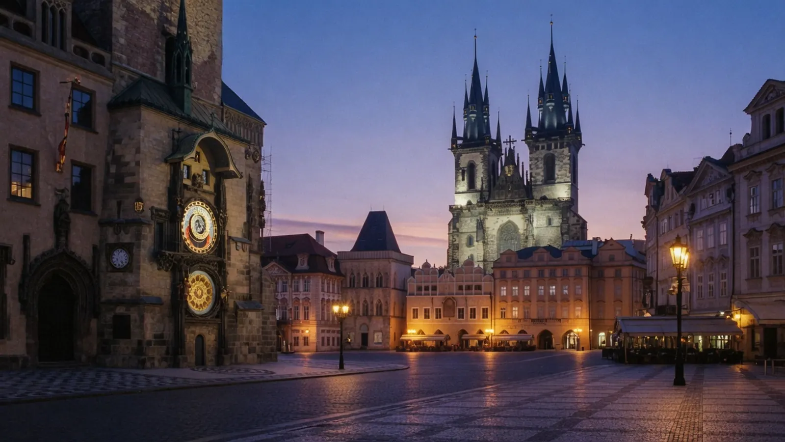 Old Town Square in Prague at blue hour with the Týn church