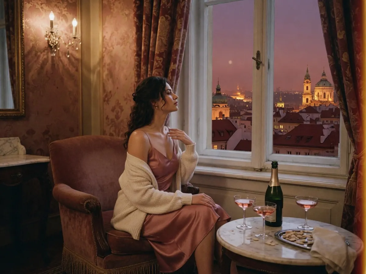 A woman in a satin dress by the window of a Prague hotel suite, champagne on the side table