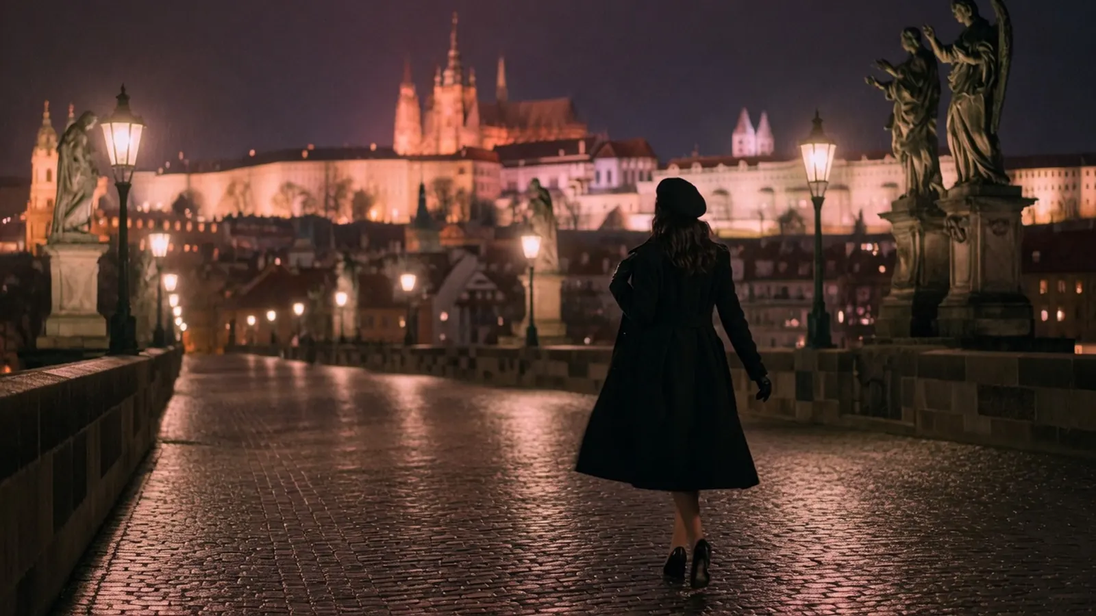 A woman in a black coat crossing Charles Bridge at night, Prague Castle lit in the distance